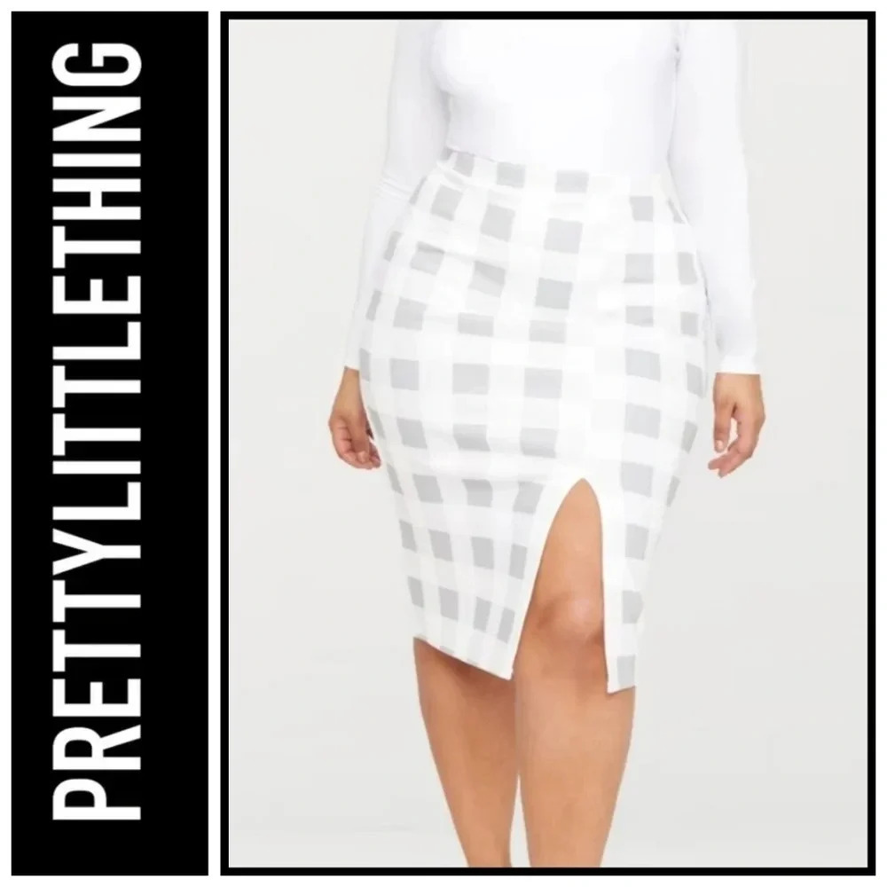 NEW PrettyLittleThing- Grey Scuba Checkered Side Split Midi Skirt